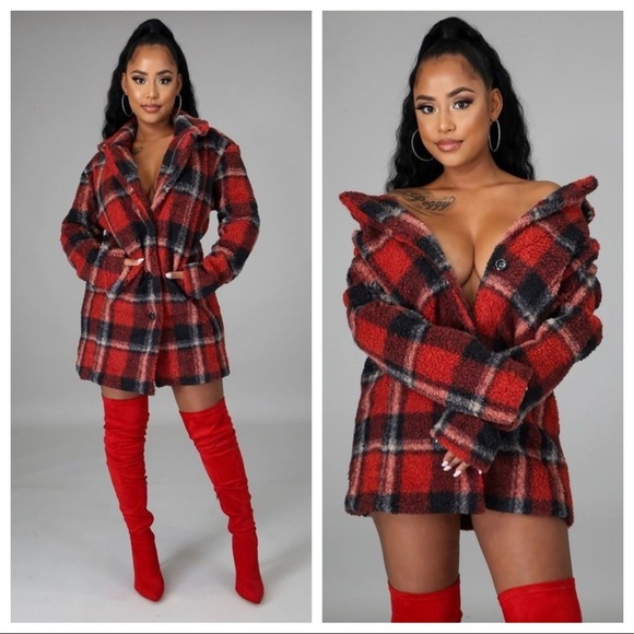 WOMEN’S RED COLLAR PLAID FLANNEL PLUSH TEDDY COAT - Picture 2 of 12